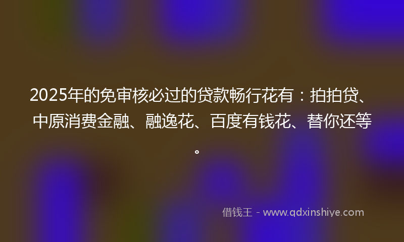 2025年的免审核必过的贷款畅行花有：拍拍贷、中原消费金融、融逸花、百度有钱花、替你还等。