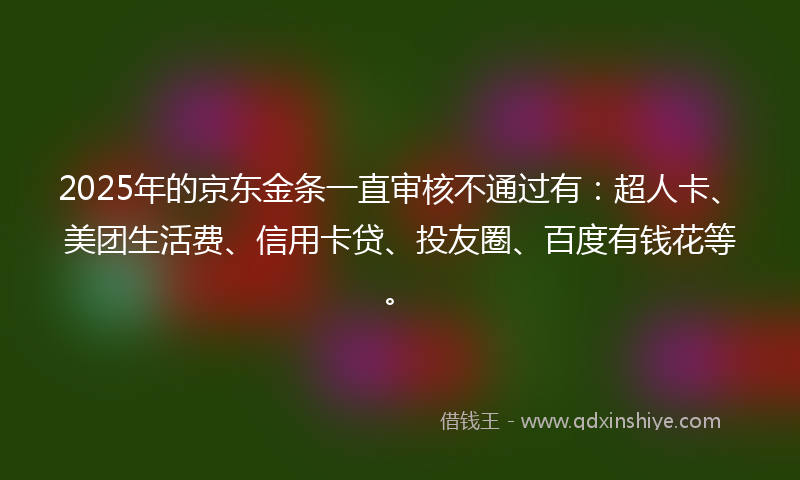 2025年的京东金条一直审核不通过有：超人卡、美团生活费、信用卡贷、投友圈、百度有钱花等。