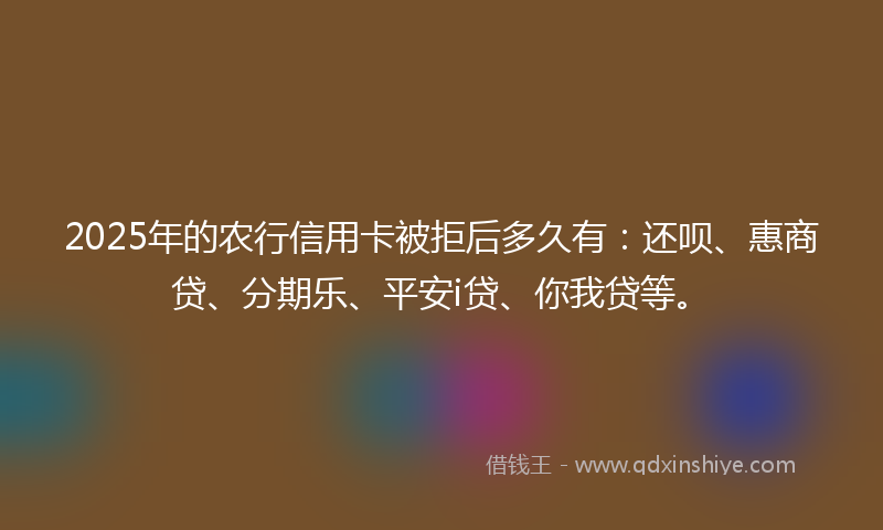 2025年的农行信用卡被拒后多久有：还呗、惠商贷、分期乐、平安i贷、你我贷等。