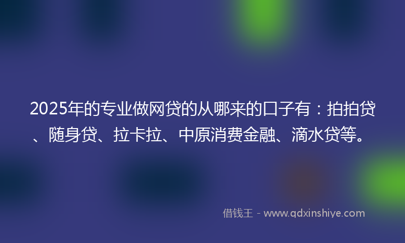 2025年的专业做网贷的从哪来的口子有：拍拍贷、随身贷、拉卡拉、中原消费金融、滴水贷等。