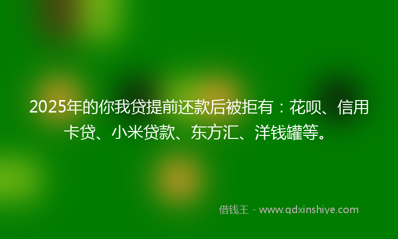 2025年的你我贷提前还款后被拒有：花呗、信用卡贷、小米贷款、东方汇、洋钱罐等。