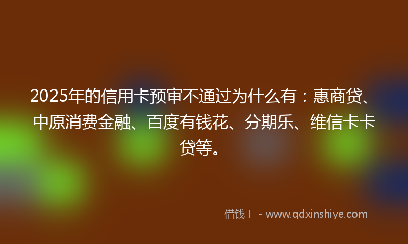2025年的信用卡预审不通过为什么有：惠商贷、中原消费金融、百度有钱花、分期乐、维信卡卡贷等。