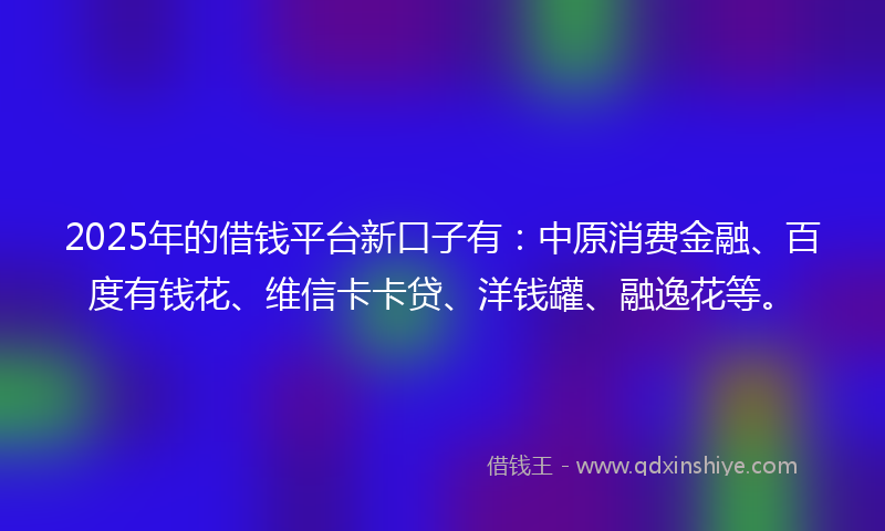 2025年的借钱平台新口子有：中原消费金融、百度有钱花、维信卡卡贷、洋钱罐、融逸花等。