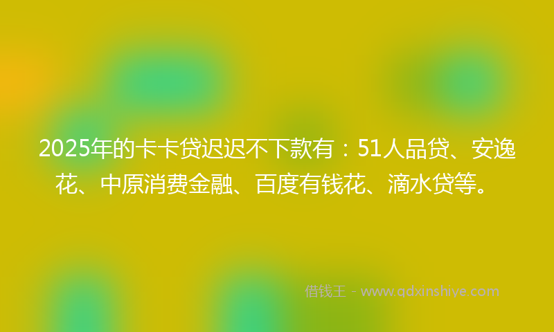 2025年的卡卡贷迟迟不下款有：51人品贷、安逸花、中原消费金融、百度有钱花、滴水贷等。