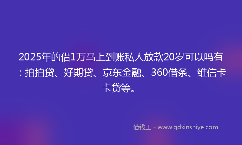 2025年的借1万马上到账私人放款20岁可以吗有：拍拍贷、好期贷、京东金融、360借条、维信卡卡贷等。