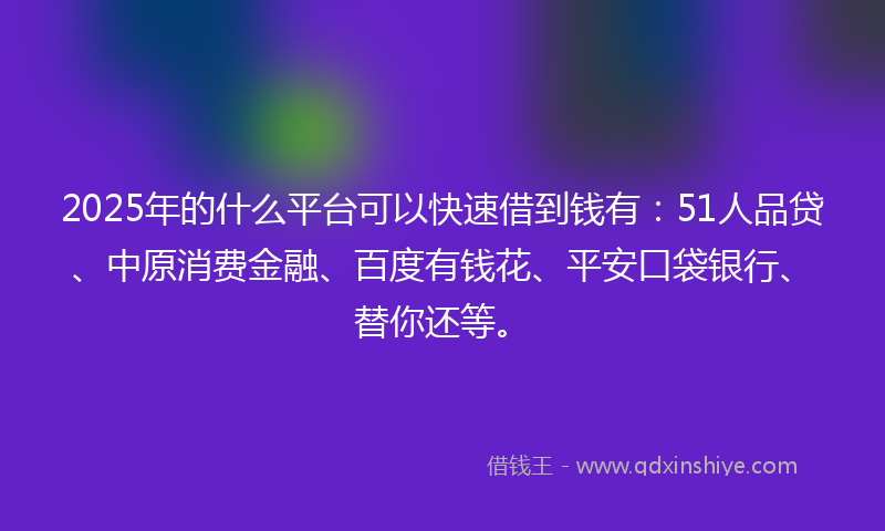 2025年的什么平台可以快速借到钱有：51人品贷、中原消费金融、百度有钱花、平安口袋银行、替你还等。