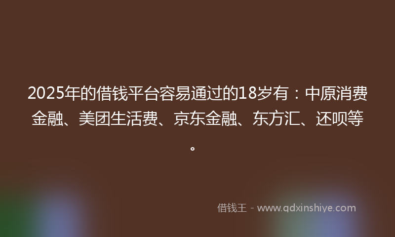 2025年的借钱平台容易通过的18岁有：中原消费金融、美团生活费、京东金融、东方汇、还呗等。