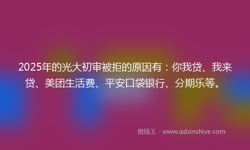 2025年的光大初审被拒的原因有：你我贷、我来贷、美团生活费、平安口袋银行、分期乐等。