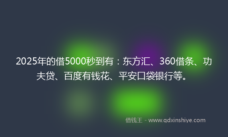 2025年的借5000秒到有：东方汇、360借条、功夫贷、百度有钱花、平安口袋银行等。