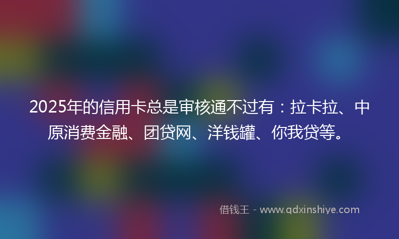2025年的信用卡总是审核通不过有：拉卡拉、中原消费金融、团贷网、洋钱罐、你我贷等。
