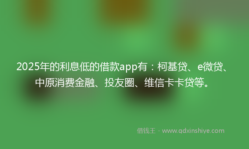 2025年的利息低的借款app有：柯基贷、e微贷、中原消费金融、投友圈、维信卡卡贷等。
