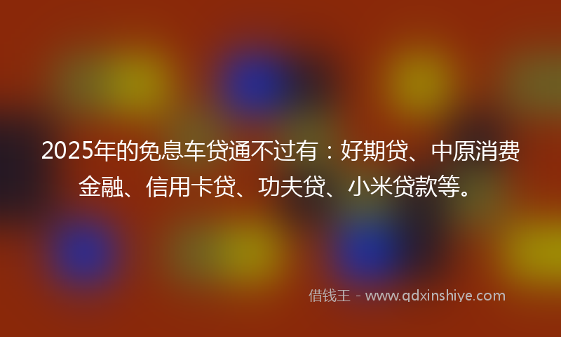 2025年的免息车贷通不过有：好期贷、中原消费金融、信用卡贷、功夫贷、小米贷款等。