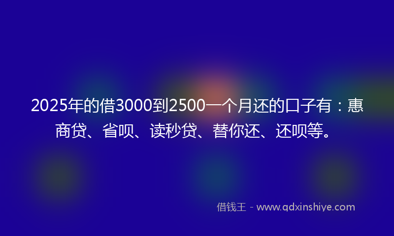 2025年的借3000到2500一个月还的口子有：惠商贷、省呗、读秒贷、替你还、还呗等。