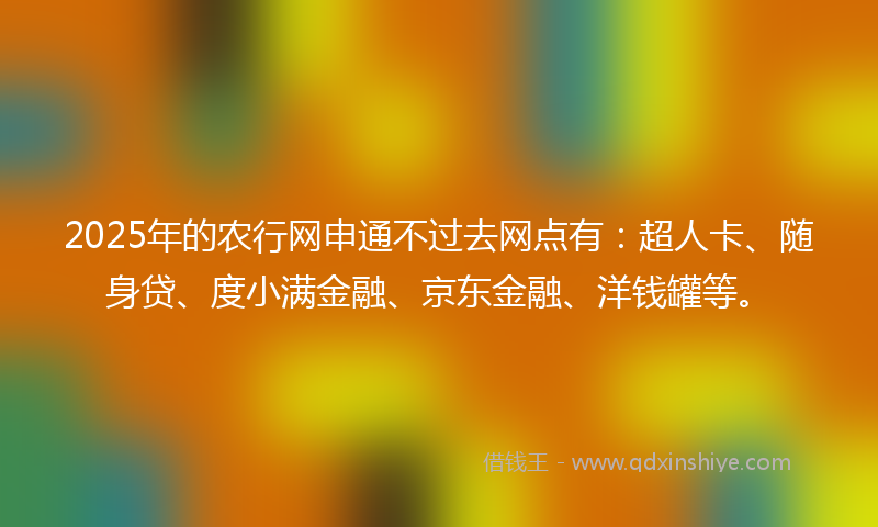 2025年的农行网申通不过去网点有：超人卡、随身贷、度小满金融、京东金融、洋钱罐等。