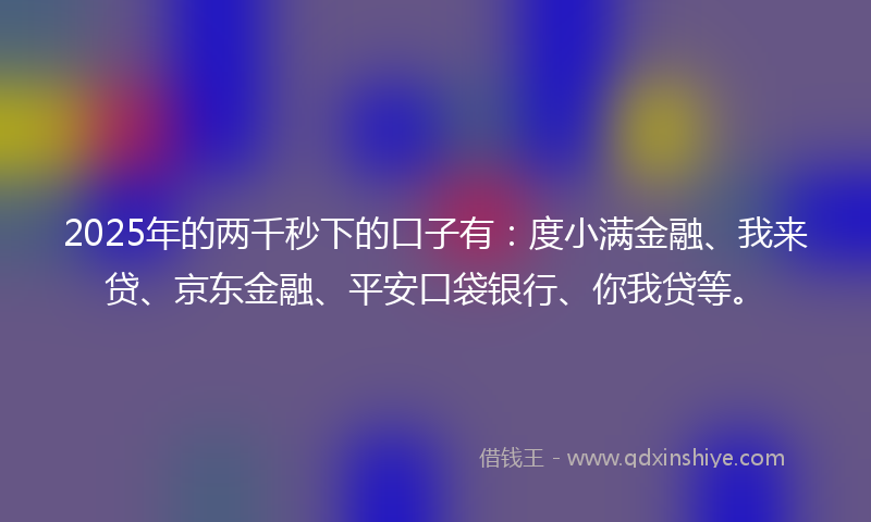 2025年的两千秒下的口子有：度小满金融、我来贷、京东金融、平安口袋银行、你我贷等。