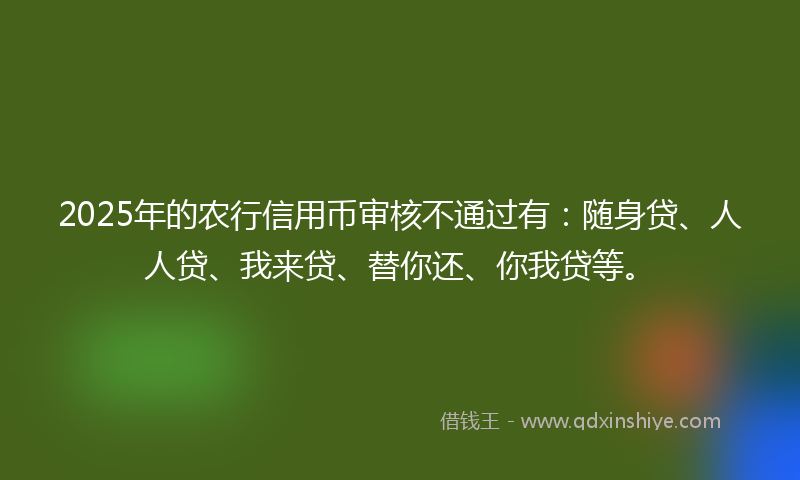 2025年的农行信用币审核不通过有：随身贷、人人贷、我来贷、替你还、你我贷等。