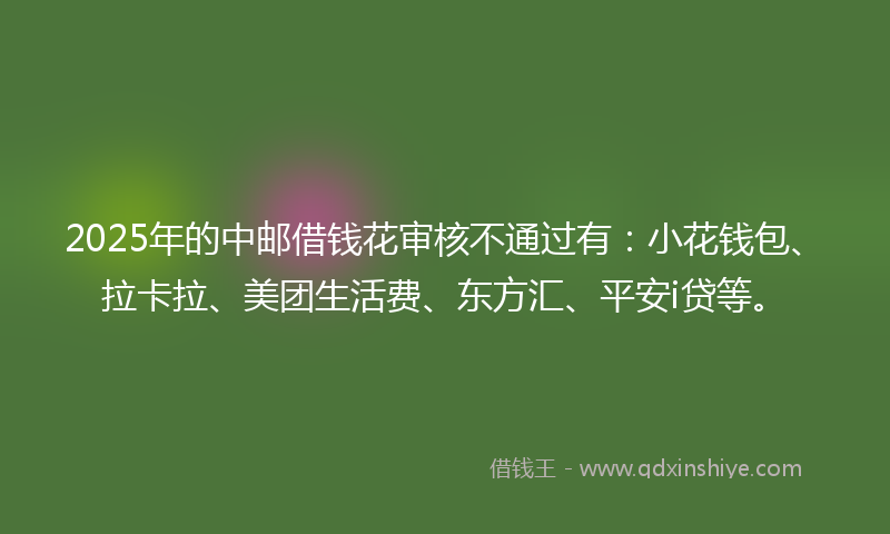 2025年的中邮借钱花审核不通过有：小花钱包、拉卡拉、美团生活费、东方汇、平安i贷等。