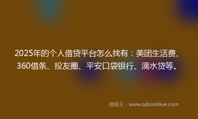 2025年的个人借贷平台怎么找有：美团生活费、360借条、投友圈、平安口袋银行、滴水贷等。