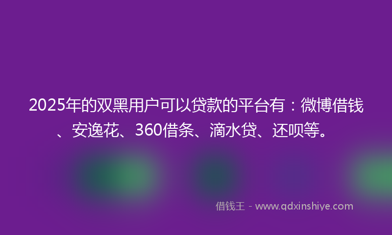 2025年的双黑用户可以贷款的平台有：微博借钱、安逸花、360借条、滴水贷、还呗等。