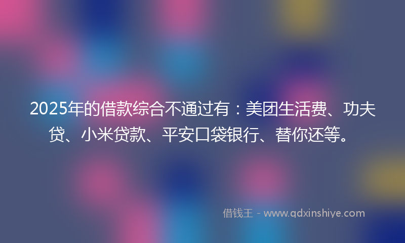 2025年的借款综合不通过有：美团生活费、功夫贷、小米贷款、平安口袋银行、替你还等。
