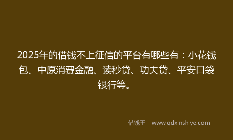 2025年的借钱不上征信的平台有哪些有：小花钱包、中原消费金融、读秒贷、功夫贷、平安口袋银行等。