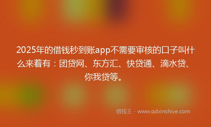 2025年的借钱秒到账app不需要审核的口子叫什么来着有：团贷网、东方汇、快贷通、滴水贷、你我贷等。
