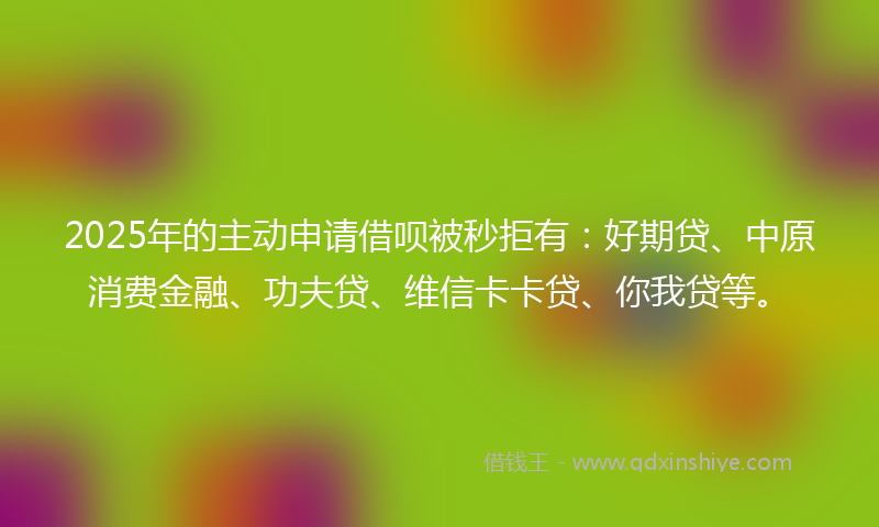 2025年的主动申请借呗被秒拒有：好期贷、中原消费金融、功夫贷、维信卡卡贷、你我贷等。
