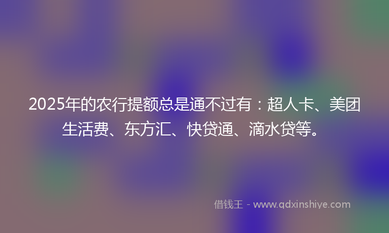 2025年的农行提额总是通不过有:超人卡、美团生活费、东方汇、快贷通、滴水贷等。