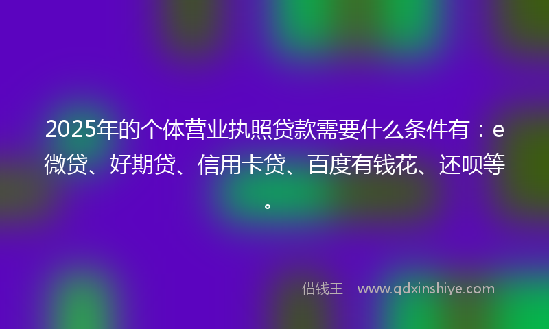 2025年的个体营业执照贷款需要什么条件有：e微贷、好期贷、信用卡贷、百度有钱花、还呗等。