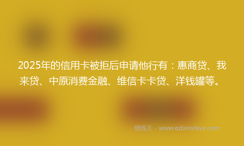 2025年的信用卡被拒后申请他行有：惠商贷、我来贷、中原消费金融、维信卡卡贷、洋钱罐等。