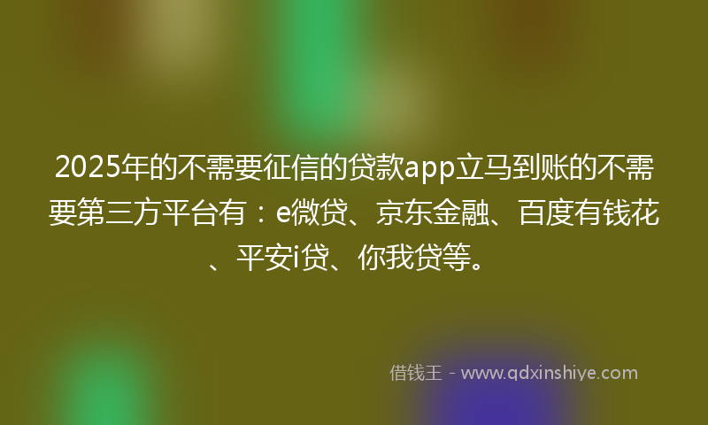 2025年的不需要征信的贷款app立马到账的不需要第三方平台有：e微贷、京东金融、百度有钱花、平安i贷、你我贷等。