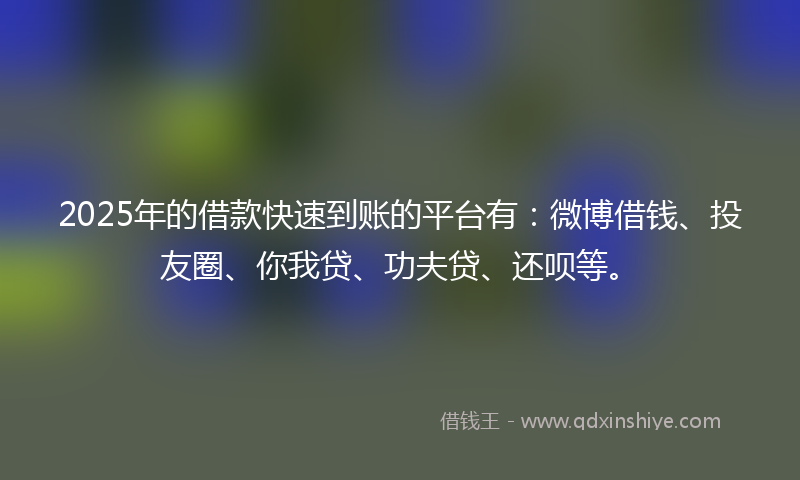 2025年的借款快速到账的平台有：微博借钱、投友圈、你我贷、功夫贷、还呗等。