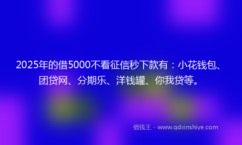 2025年的借5000不看征信秒下款有：小花钱包、团贷网、分期乐、洋钱罐、你我贷等。