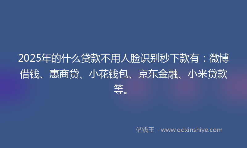 2025年的什么贷款不用人脸识别秒下款有：微博借钱、惠商贷、小花钱包、京东金融、小米贷款等。