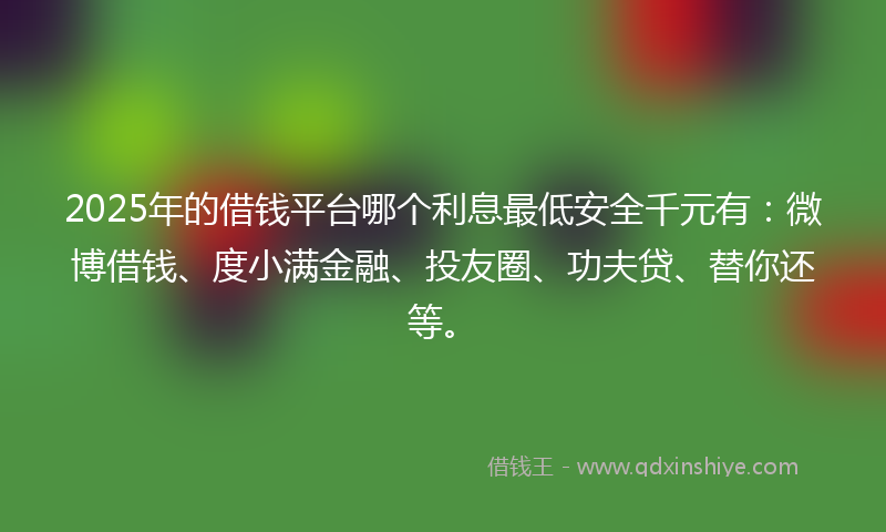 2025年的借钱平台哪个利息最低安全千元有：微博借钱、度小满金融、投友圈、功夫贷、替你还等。