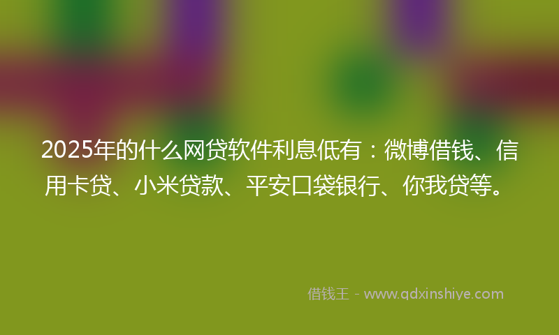 2025年的什么网贷软件利息低有：微博借钱、信用卡贷、小米贷款、平安口袋银行、你我贷等。