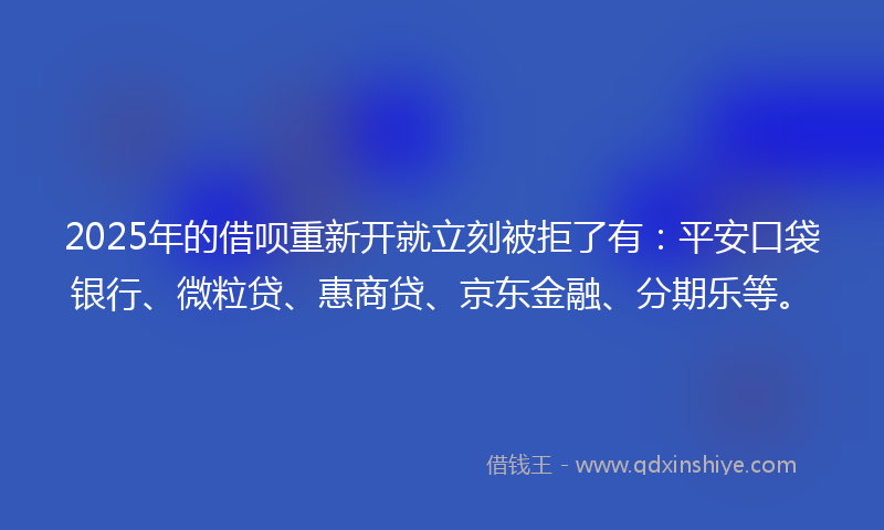 2025年的借呗重新开就立刻被拒了有：平安口袋银行、微粒贷、惠商贷、京东金融、分期乐等。