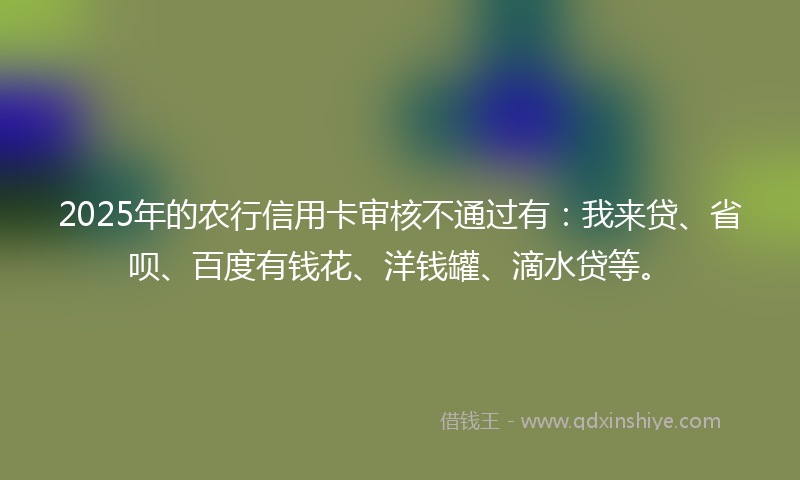 2025年的农行信用卡审核不通过有：我来贷、省呗、百度有钱花、洋钱罐、滴水贷等。