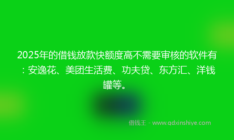 2025年的借钱放款快额度高不需要审核的软件有：安逸花、美团生活费、功夫贷、东方汇、洋钱罐等。