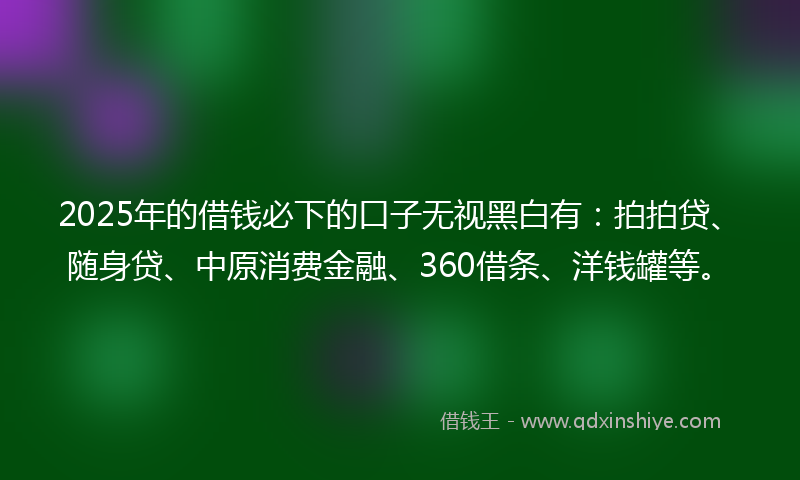 2025年的借钱必下的口子无视黑白有：拍拍贷、随身贷、中原消费金融、360借条、洋钱罐等。
