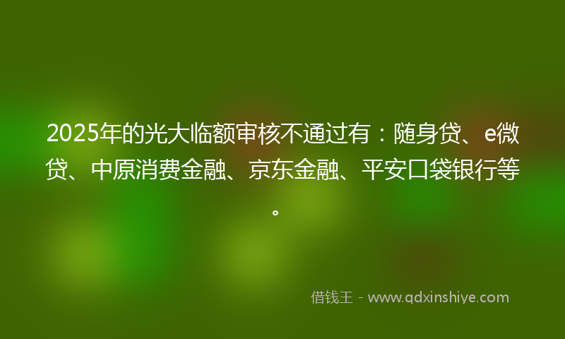 2025年的光大临额审核不通过有：随身贷、e微贷、中原消费金融、京东金融、平安口袋银行等。