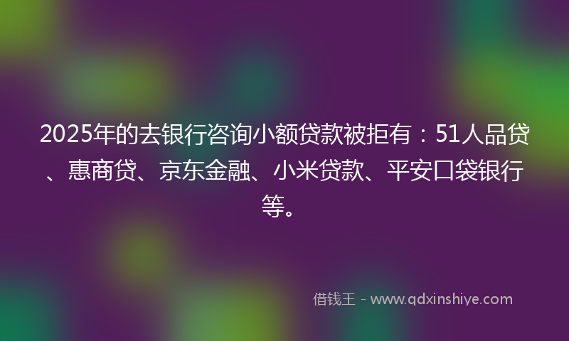 2025年的去银行咨询小额贷款被拒有：51人品贷、惠商贷、京东金融、小米贷款、平安口袋银行等。