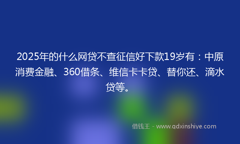 2025年的什么网贷不查征信好下款19岁有：中原消费金融、360借条、维信卡卡贷、替你还、滴水贷等。