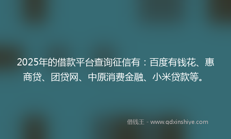 2025年的借款平台查询征信有：百度有钱花、惠商贷、团贷网、中原消费金融、小米贷款等。