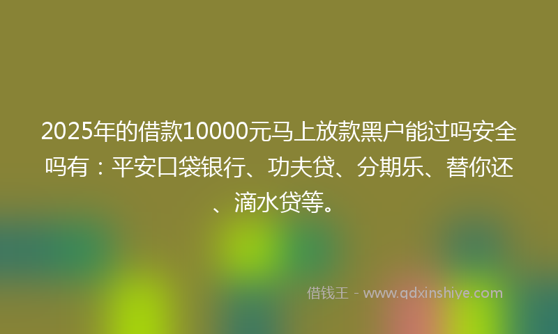 2025年的借款10000元马上放款黑户能过吗安全吗有：平安口袋银行、功夫贷、分期乐、替你还、滴水贷等。