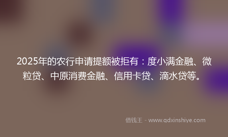 2025年的农行申请提额被拒有：度小满金融、微粒贷、中原消费金融、信用卡贷、滴水贷等。