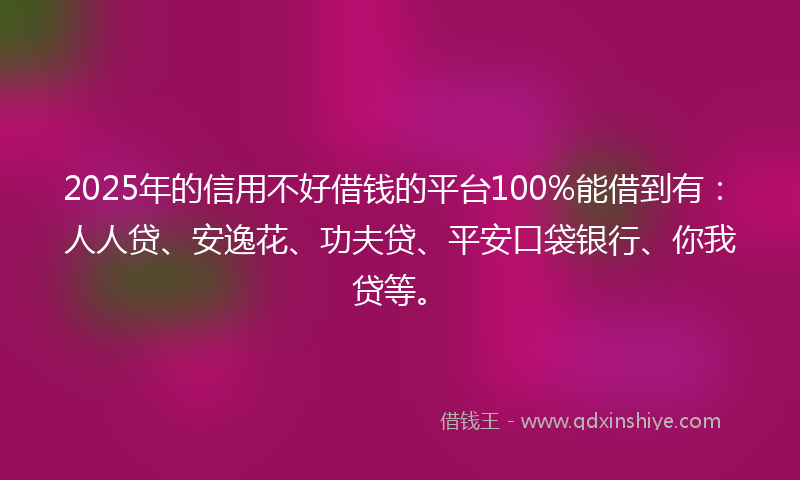 2025年的信用不好借钱的平台100%能借到有：人人贷、安逸花、功夫贷、平安口袋银行、你我贷等。