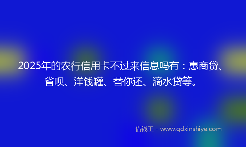 2025年的农行信用卡不过来信息吗有：惠商贷、省呗、洋钱罐、替你还、滴水贷等。