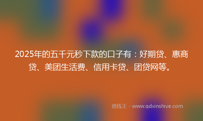 2025年的五千元秒下款的口子有:好期贷、惠商贷、美团生活费、信用卡贷、团贷网等。