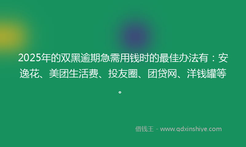 2025年的双黑逾期急需用钱时的最佳办法有：安逸花、美团生活费、投友圈、团贷网、洋钱罐等。